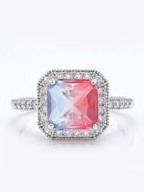 Emerald cut peach and pink gemstone ring, 925 Sterling Silver Charmed Aroma